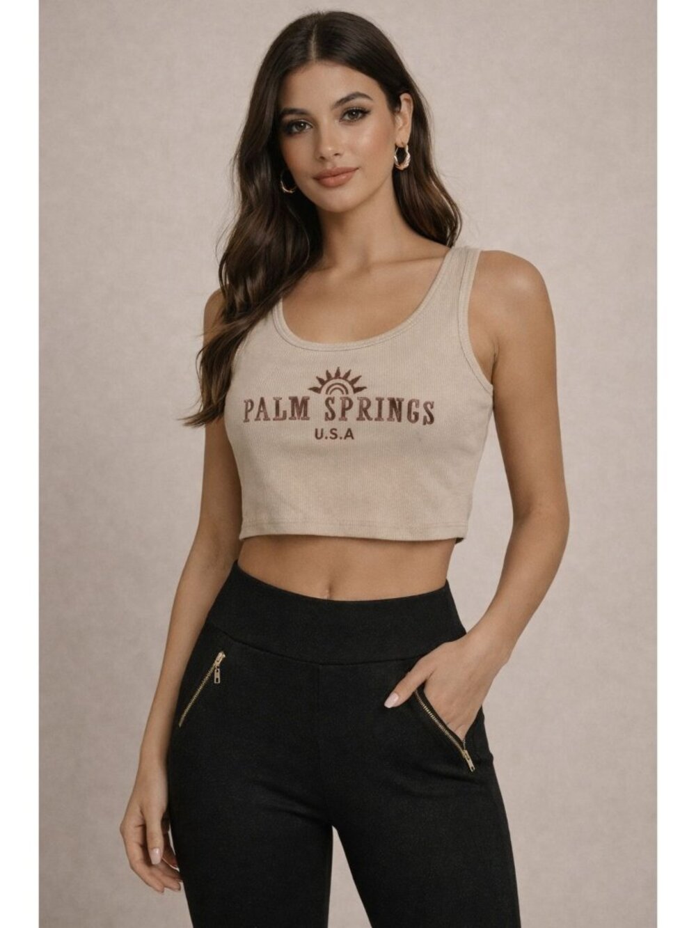 Shein Crop Top Womens Medium Tan Palm Short Sleeve Scoop Neck Graphic